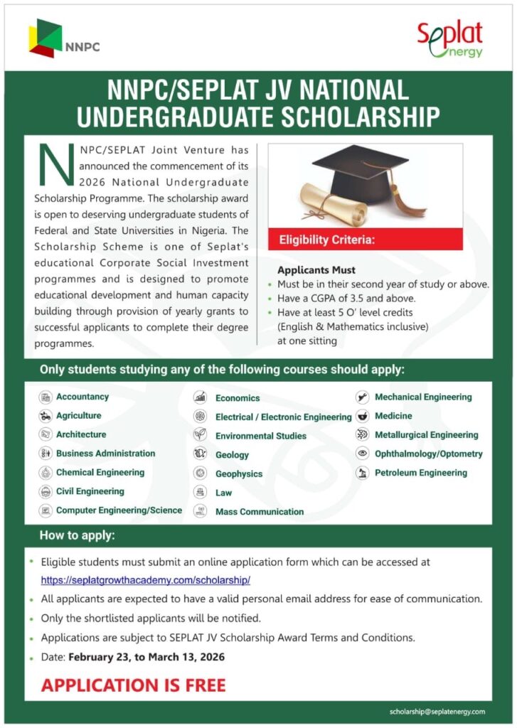NNPC/SEPLAT JV Launches 2026 National Undergraduate Scholarship Programme